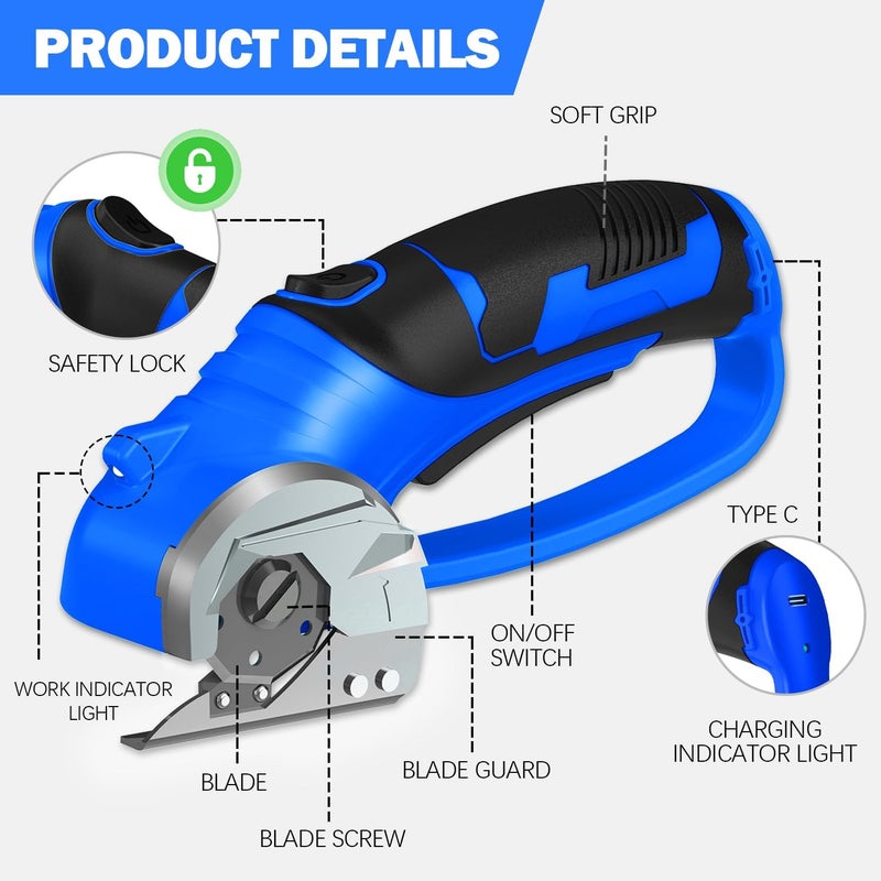 Pratuor Cordless Electric Scissors, 4V Box Cutter & Cardboard Cutter with 2 Titanium Blades - Rotary Cutter with LED Light for Fabric, Leather, Carpet, Plastic, Crafting + Storage Case (Royal Blue) - Image 5